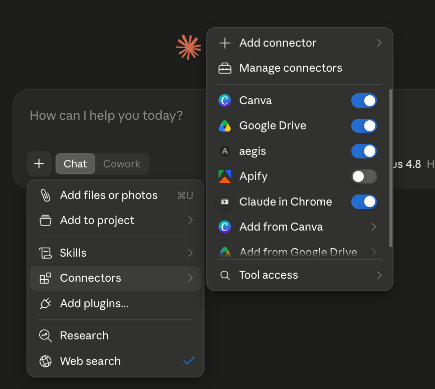 Claude Desktop Search & Tools menu showing the Aegis MCP server and its available tools, including warm_up, deidentify_file, start_batch_job, get_job_status, summarize_run, and list_review_queue.