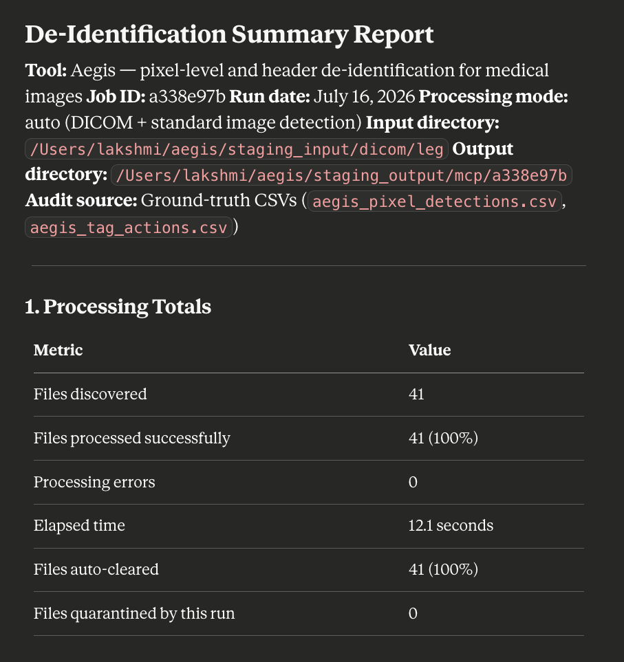 Claude Desktop conversation showing the progress of a batch de-identification job, including processed files, decision counts, and current job status returned by the MCP server.