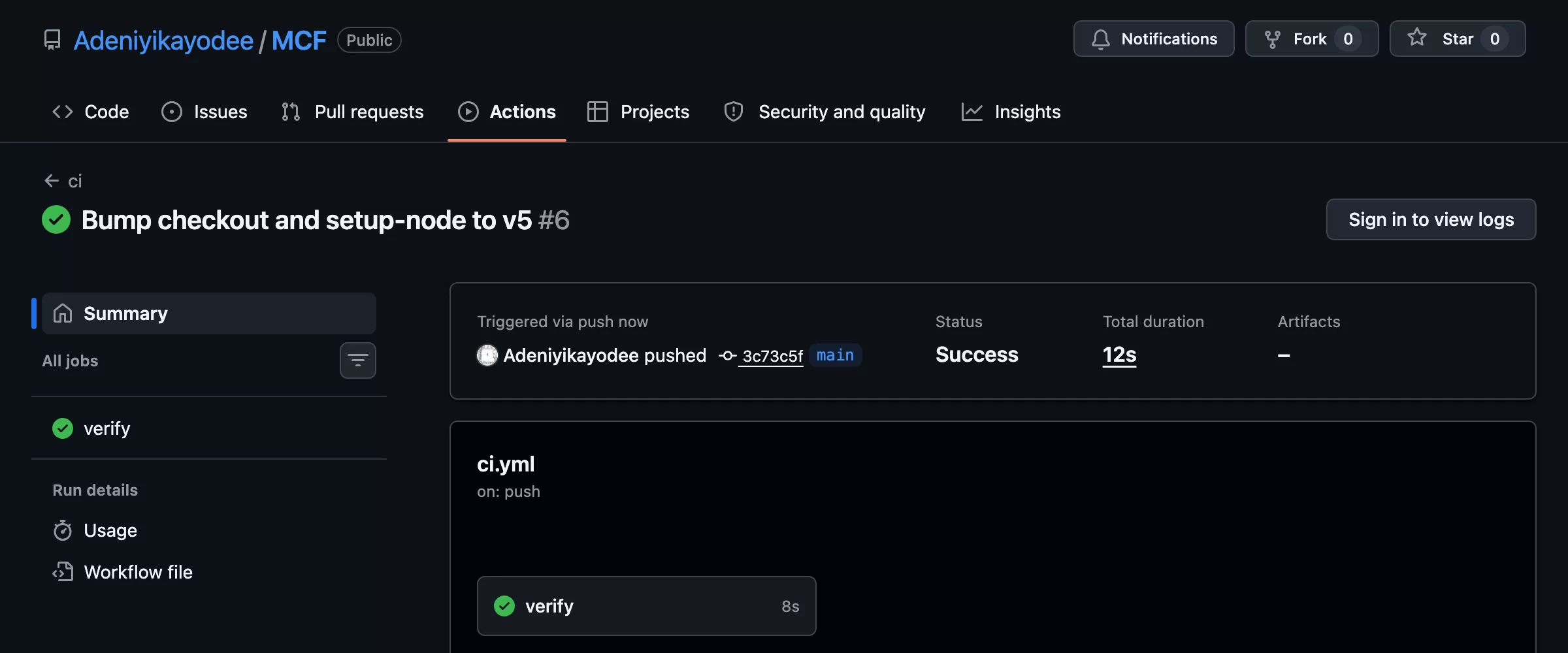 Figure 4: GitHub Actions run for the MCF repo showing the verify job succeeding, with the test suite and the context linter both green.