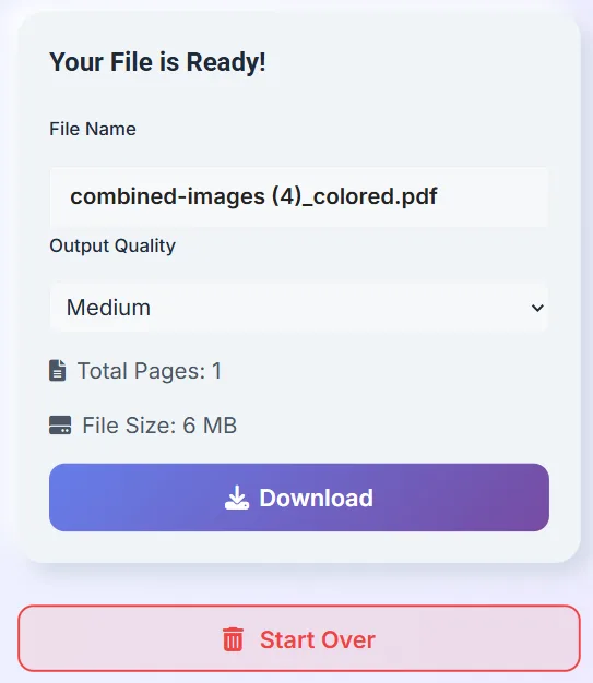  Download section showing the output filename, page count, file size, and Download button. 