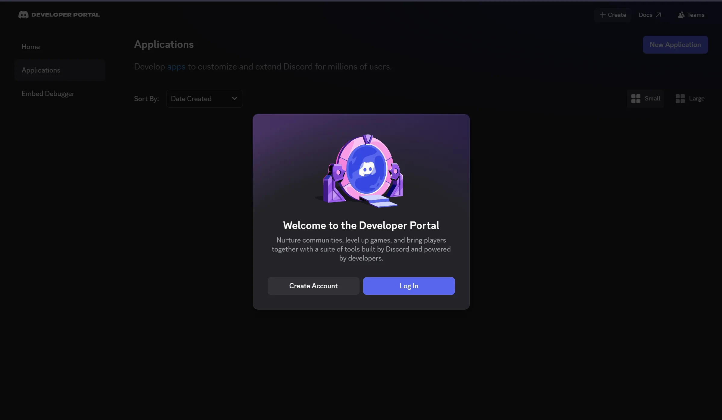Picture of the discord developer application page