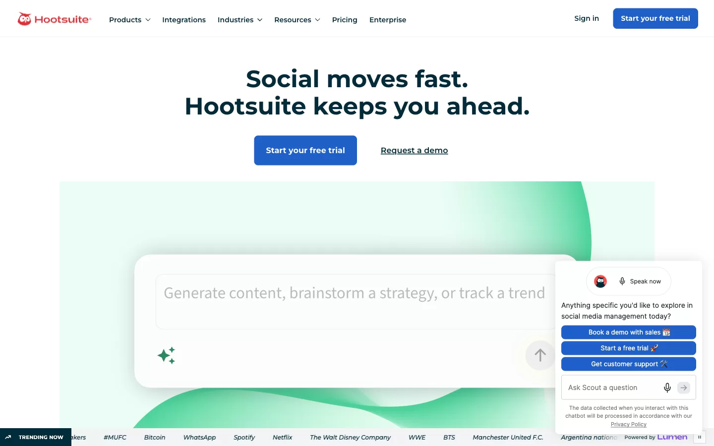 Hootsuite é¦é¡µï¼ä¸æ¬¾ç¤¾äº¤åªä½ç®¡çå¹³å°ï¼å¸¦æ AI å©æè¾å¥æ 