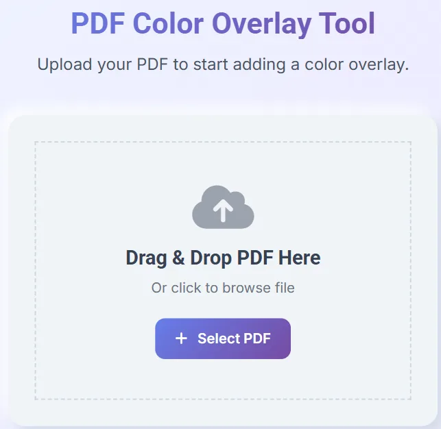 Upload area with drag-and-drop support and Select PDF button.