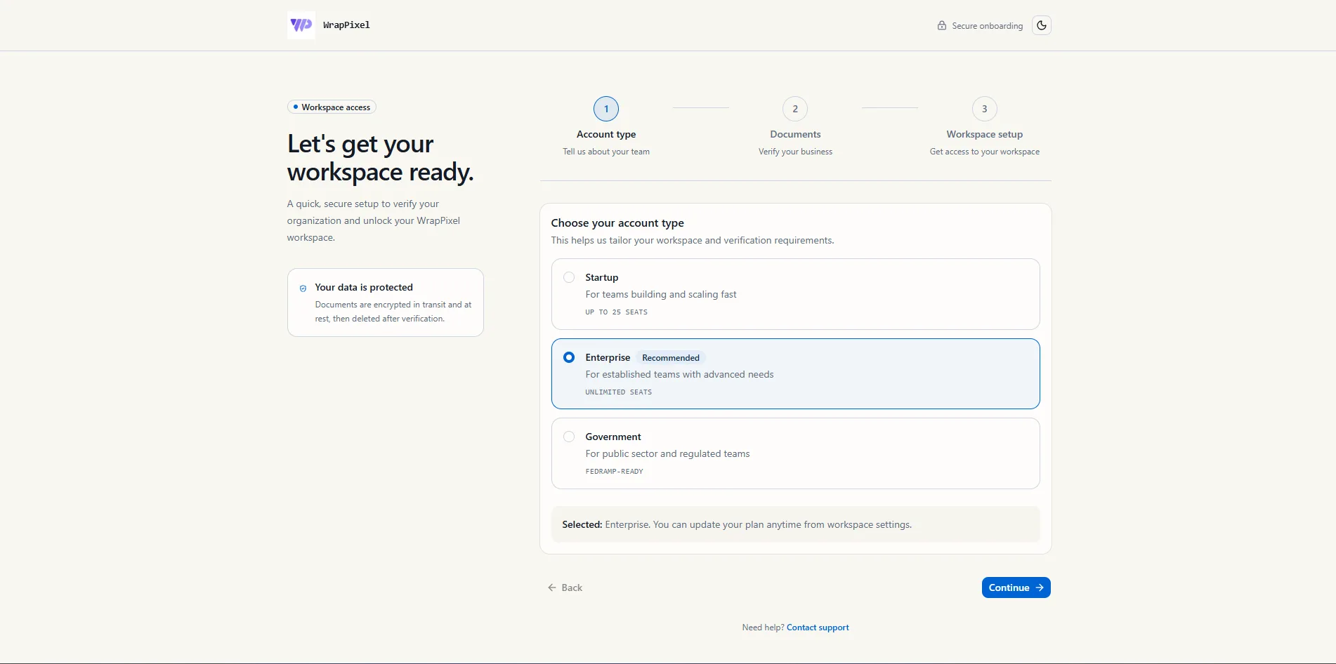 Step 1: Account type with a radio group