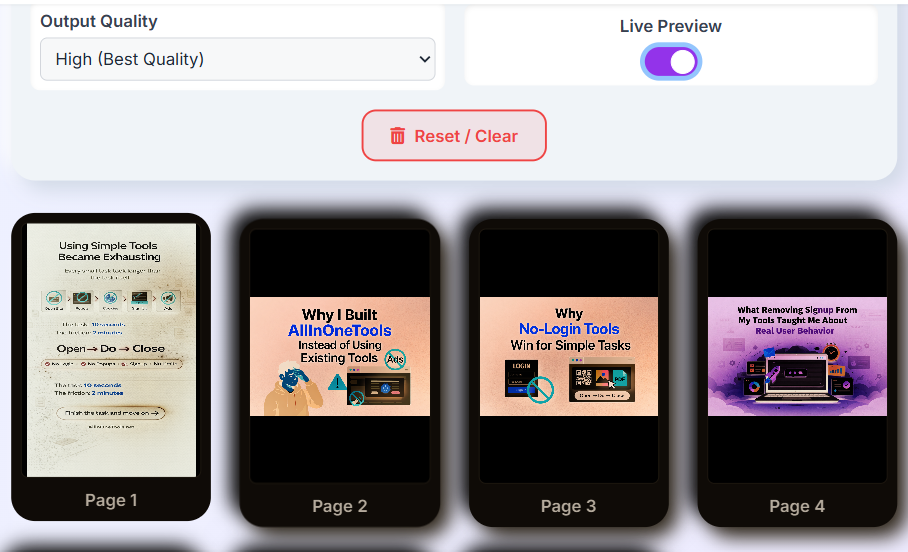 Live Preview enabled showing PDF pages with inverted colors.