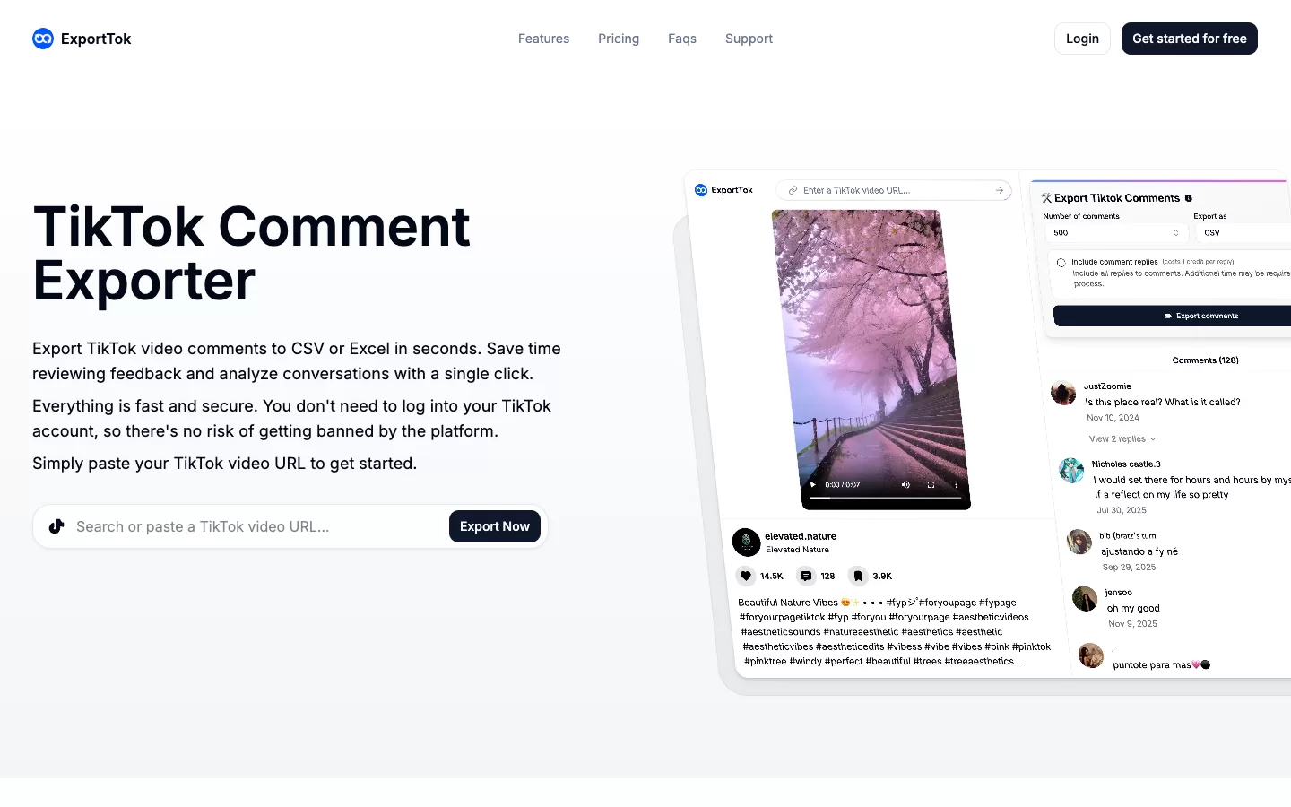 ExportTok é¦é¡µï¼ä¸æ¬¾ TikTok è¯è®ºå¯¼åºå·¥å·ï¼å¸¦æç½åè¾å¥æ¡åè¯è®ºé¢è§é¢æ¿