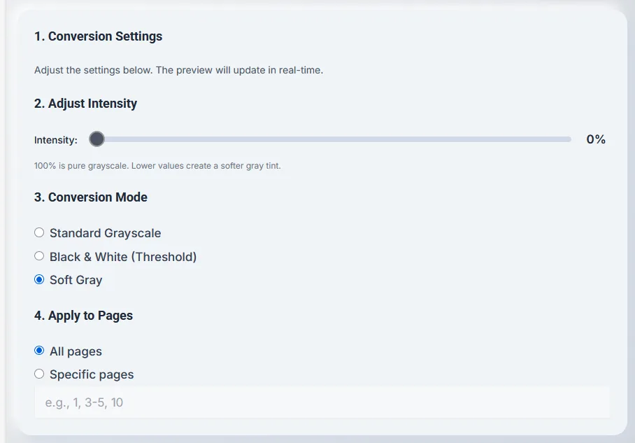 PDF to Grayscale Converter settings panel showing intensity slider, conversion modes, and page selection options.