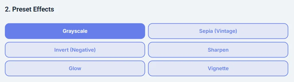 Preset Effects section with Grayscale selected.