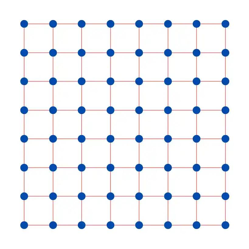 Grid of interconnected qubits arranged in a two-dimensional lattice.
