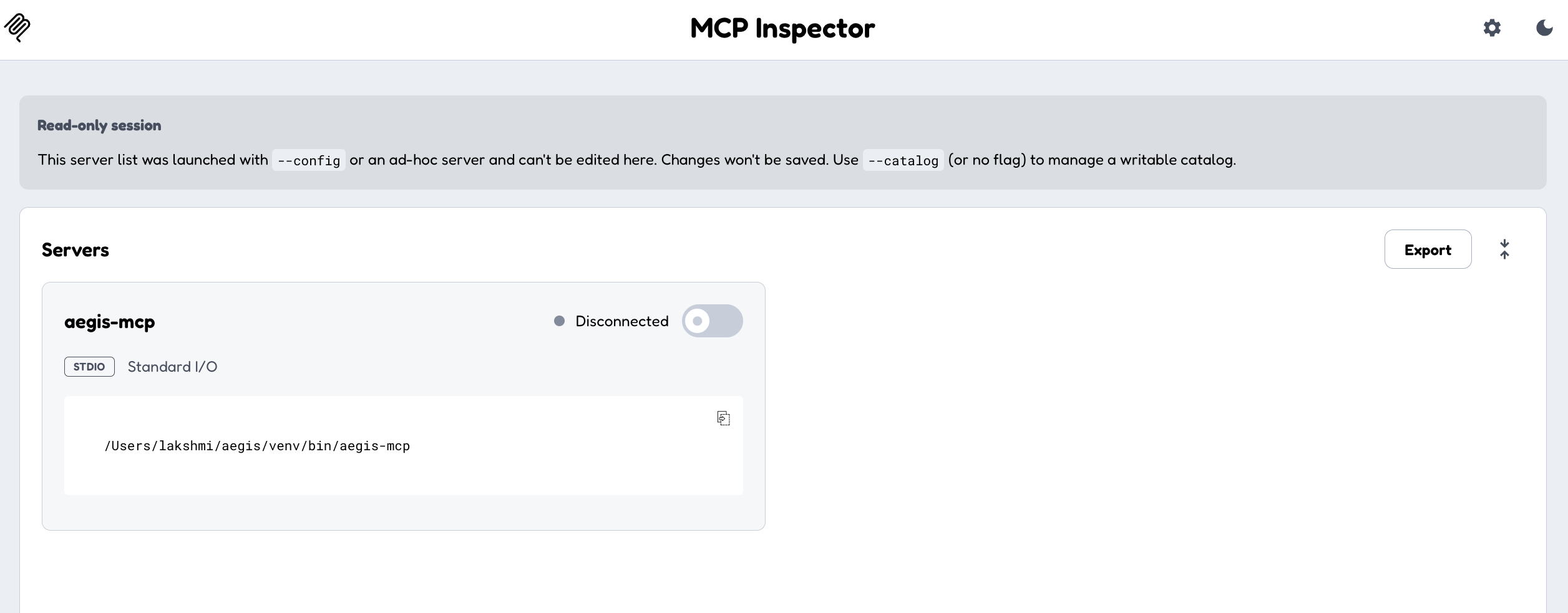 MCP Inspector showing the Aegis MCP server connected over STDIO, with the server status active and ready for testing.
