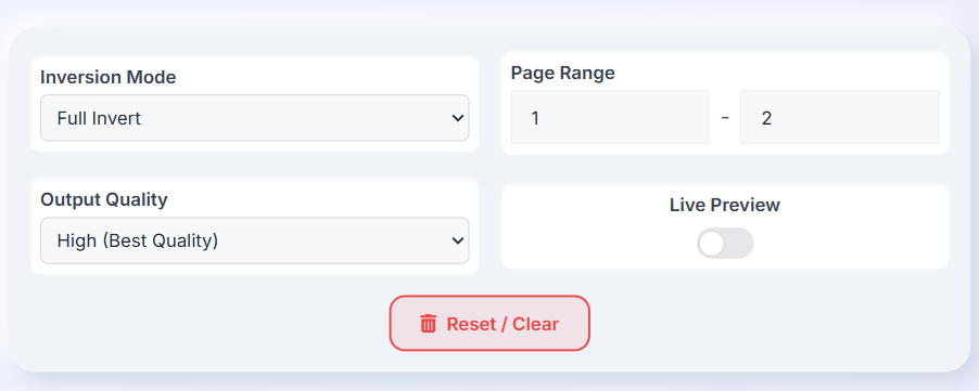PDF Color Inverter settings panel showing inversion mode, page range, output quality, live preview, and reset options.