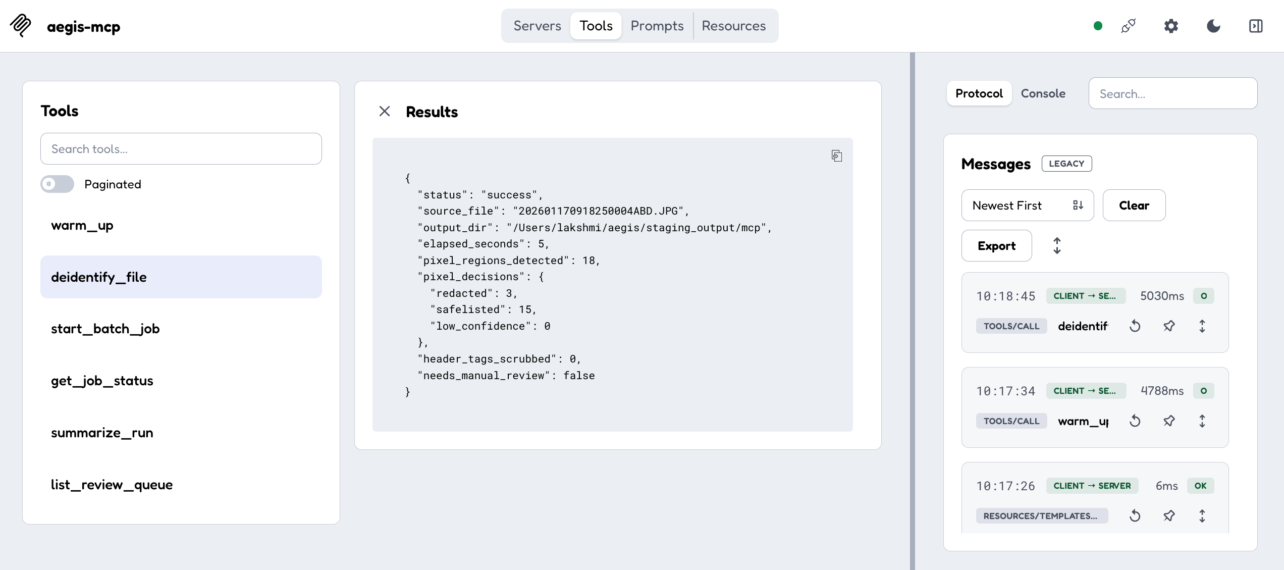MCP Inspector displaying the deidentify_file tool with its input fields and the JSON response returned after processing a test medical image.