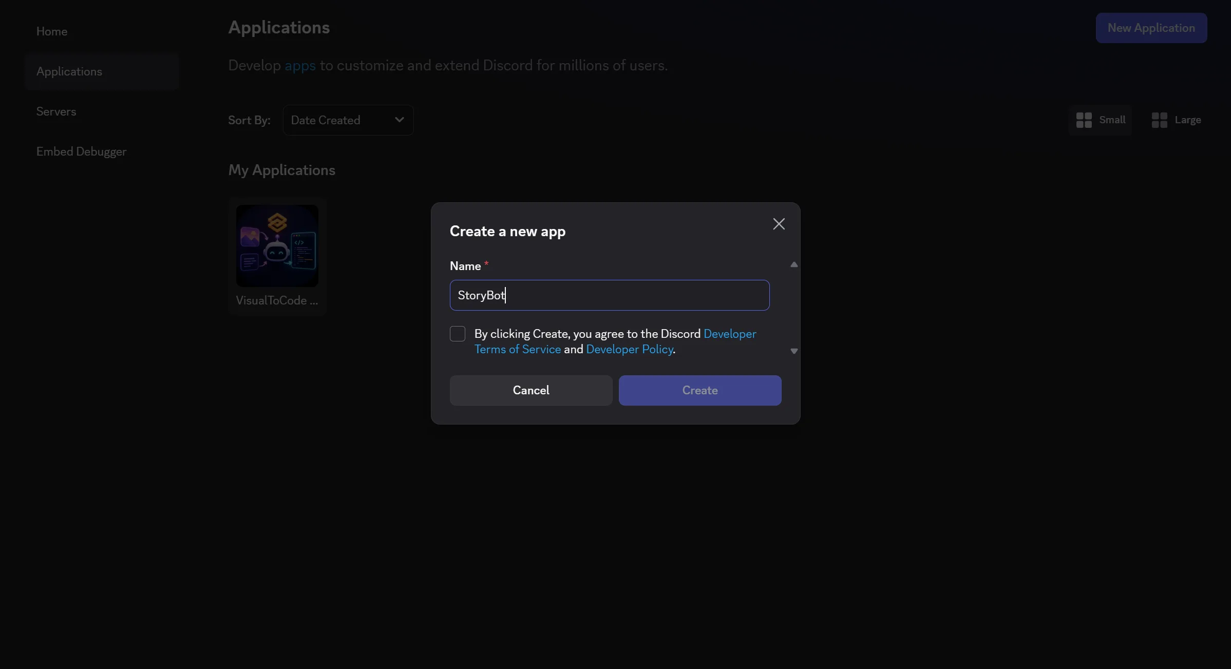 Picture of what it looks like when you click on the "New Application" button