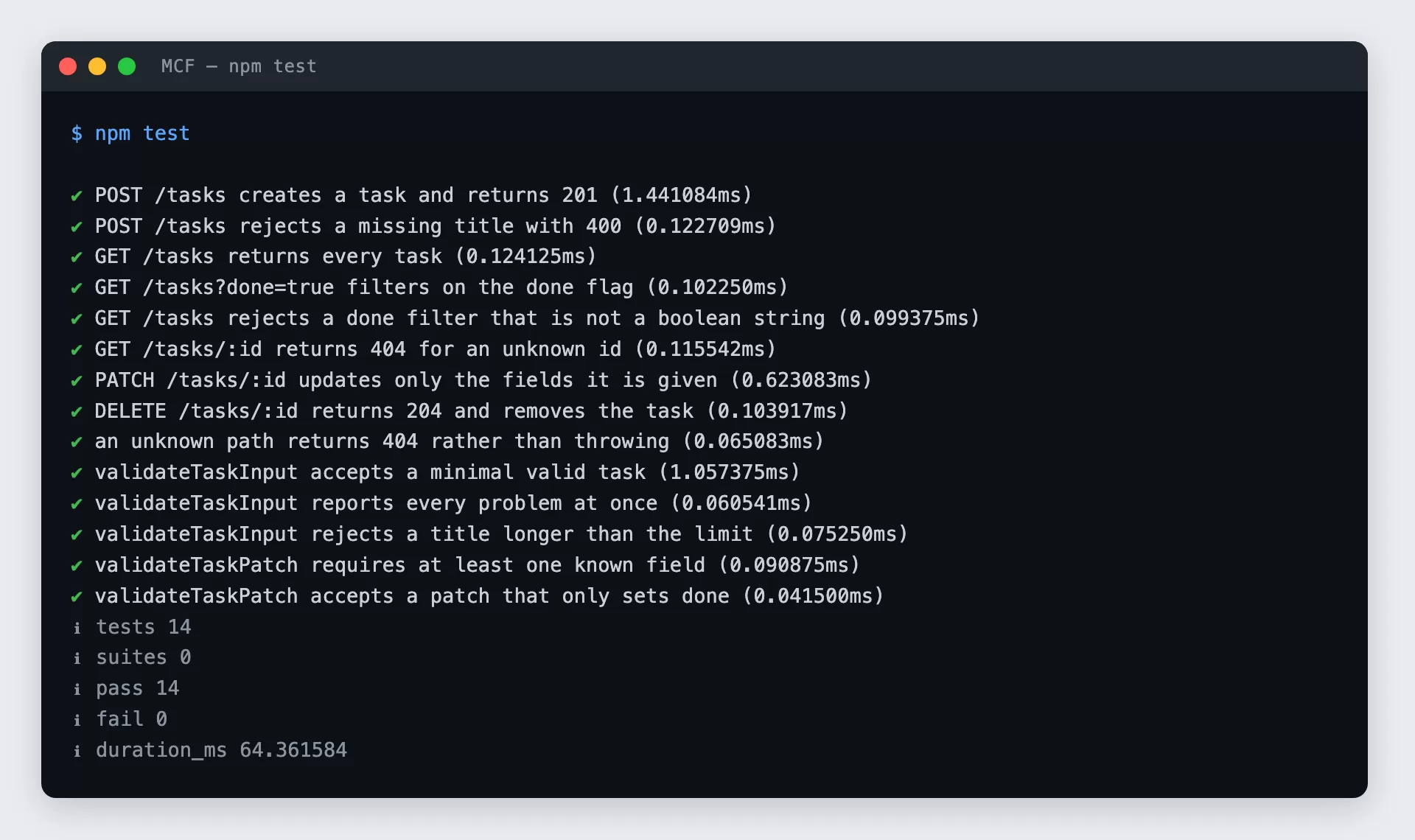 Figure 5: Terminal output from npm test showing fourteen passing tests across the routes and the validators