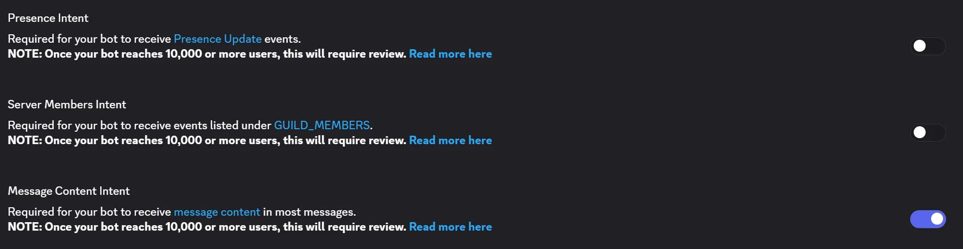 What should the "Message Content Intent" section look like