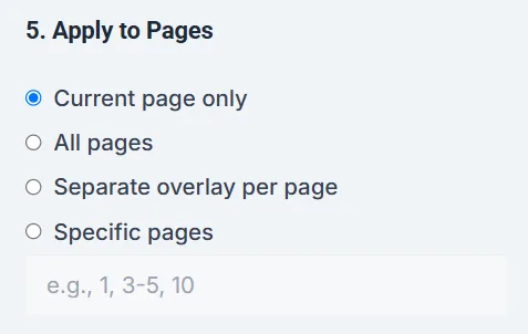 Apply-to-pages options including Current Page, All Pages, Separate Overlay, and Specific Pages.